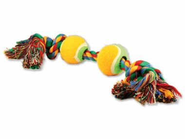Hračka DOG FANTASY barevná 2 knoty + 2 tenisáky 35 cm (1ks)